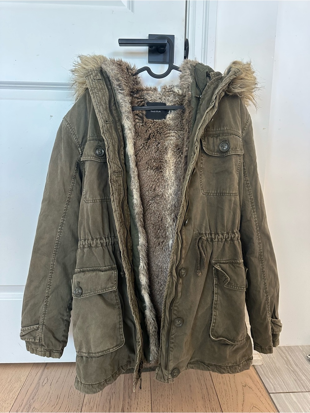Aritzia Talula Olive Green Faux-Fur Lined Utility Parka Jacket